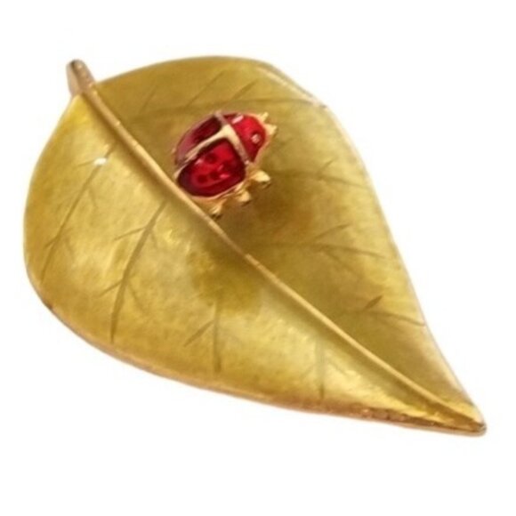 LIA Green Enamel Leaf Lady Bug Trembler Brooch Pin, Signed L72 - Picture 3 of 10